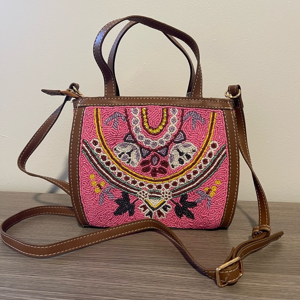 Beaded Floral Pink and Brown Women's Bag with Crossbody Strap Made in India